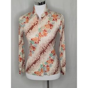 Vintage Lerner Shops Nylon Allover Print Floral Long Sleeve 1980s Collared Women